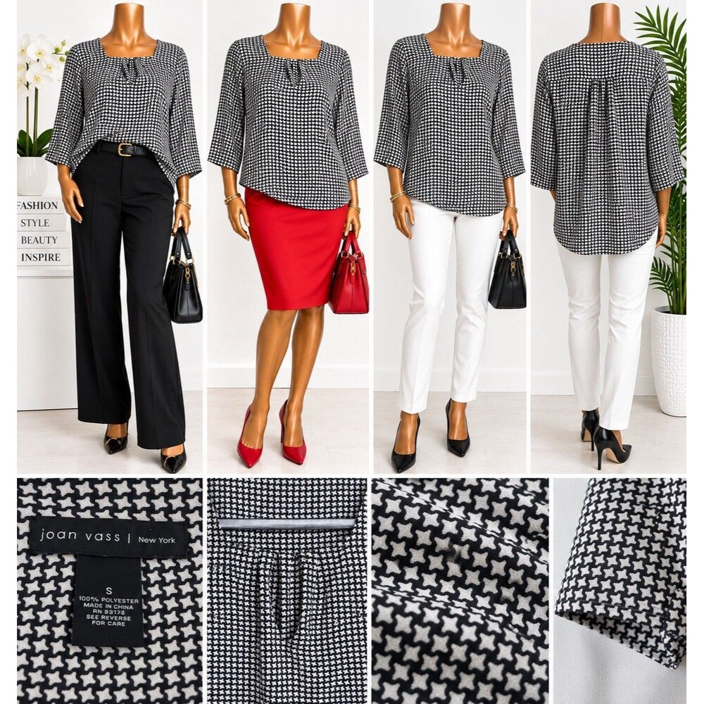 Joan Vass Women’s Blouse 3/4 Sleeve Houndstooth  Design Black And White Size S